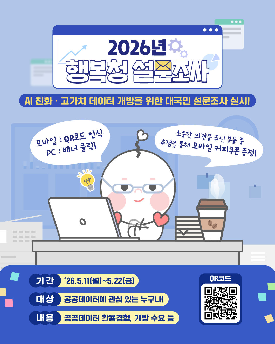 2026년 행복청 설문조사 AI 친화·고가치 데이터 발굴을 위한 대국민 설문조사 실시! 모바일: QR코드 인식 PC: 배너클릭! 소중한 의견을 주신 분들 중 추첨을 통해 모바일 커피쿠폰 증정! 기간 26.5.11(월)!5.22(금) 대상 공공데이터에 관심 있는 누구나! 내용 공공데이터 호라용결험, 개방 수요 등 QR코드